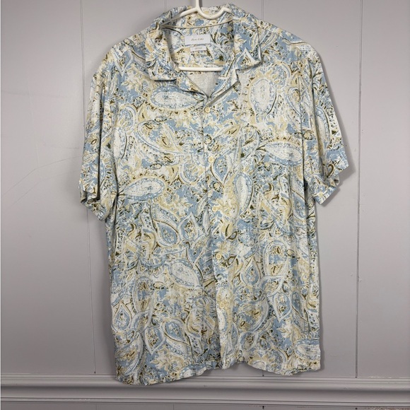 Linen Button Down Collared Short Sleeve Polo Shirt Multi Floral Large Casual - Picture 10 of 10